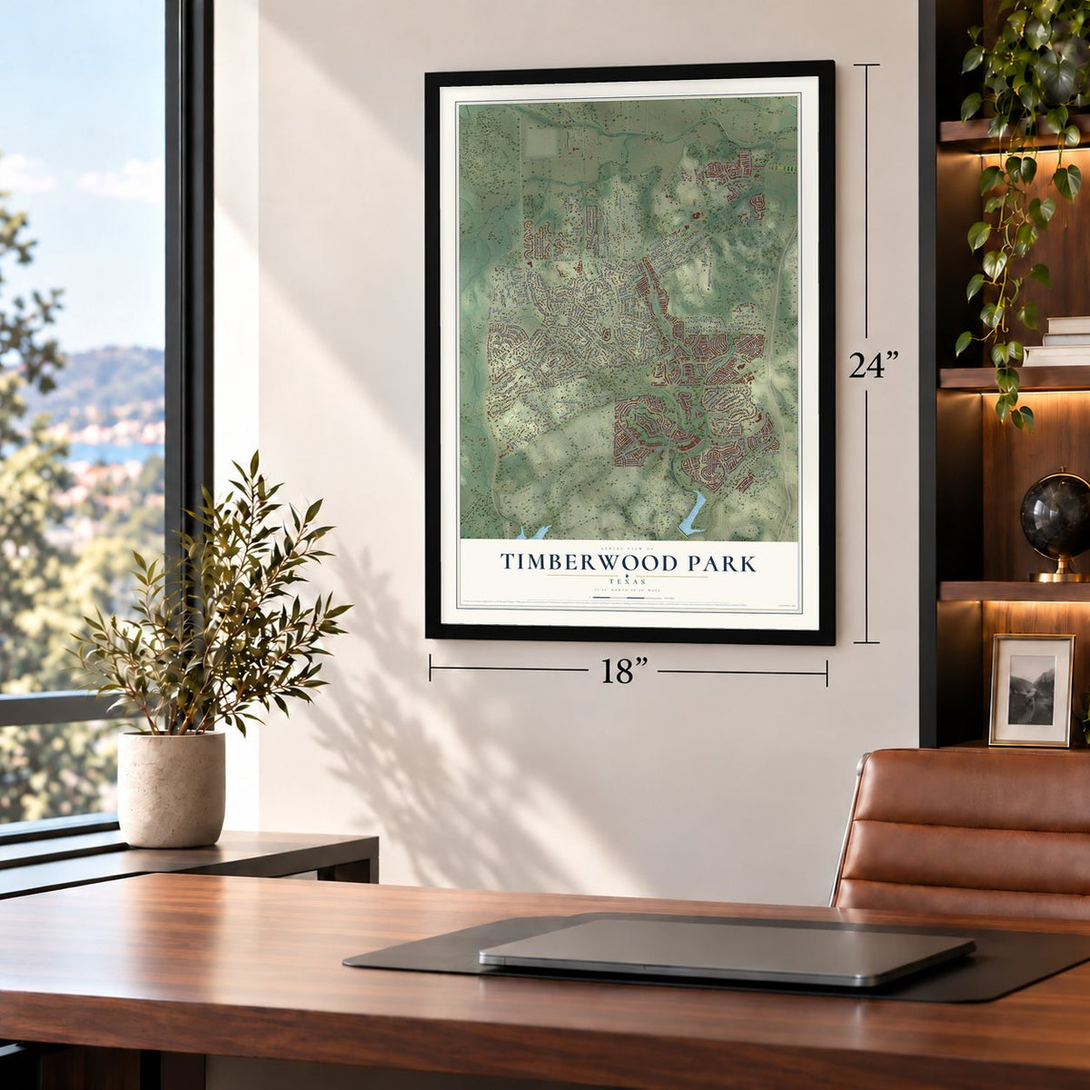 Timberwood Park, Texas map, 18 x 24 inch print in a black frame in a home office