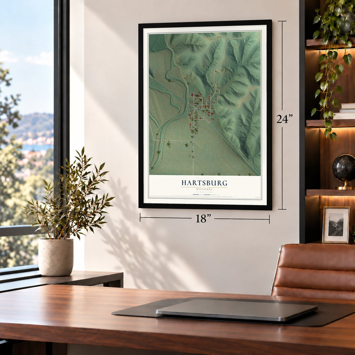 Hartsburg, Missouri map, 18 x 24 inch print in a black frame in a home office