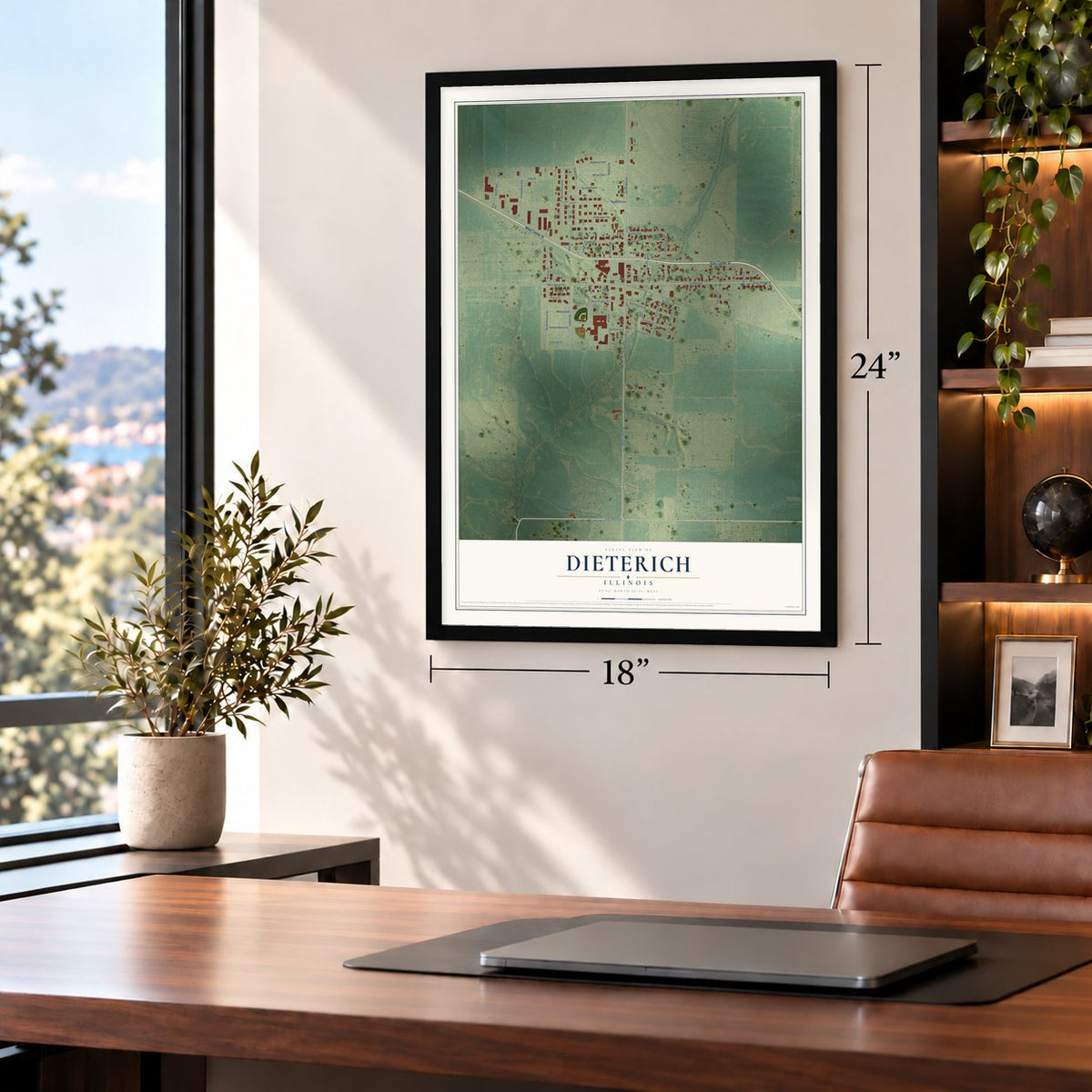 Dieterich, Illinois map, 18 x 24 inch print in a black frame in a home office