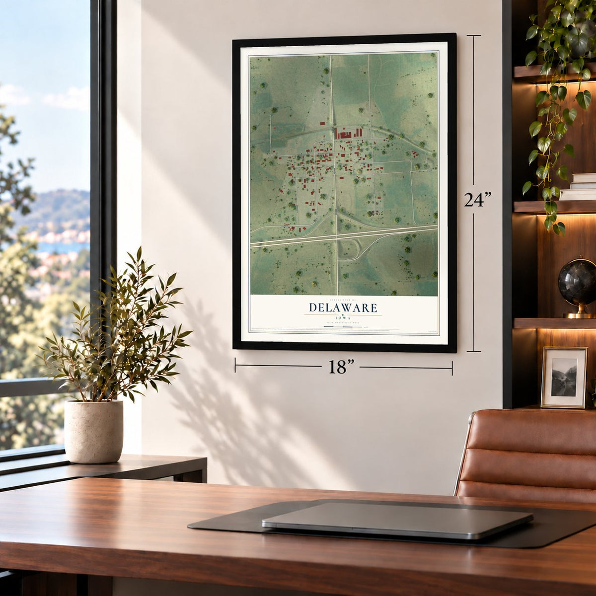 Delaware, Iowa map, 18 x 24 inch print in a black frame in a home office