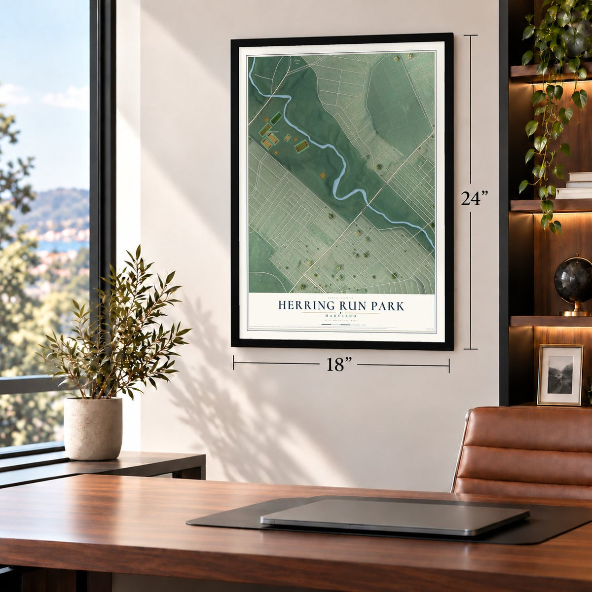 Herring Run Park, Maryland map, 18 x 24 inch print in a black frame in a home office
