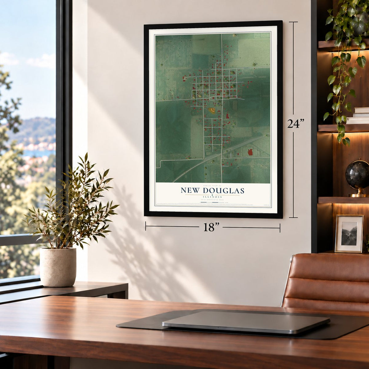 New Douglas, Illinois map, 18 x 24 inch print in a black frame in a home office