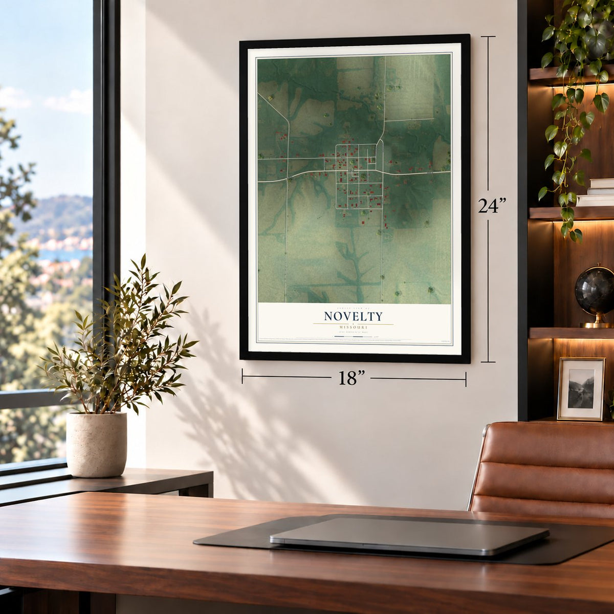 Novelty, Missouri map, 18 x 24 inch print in a black frame in a home office