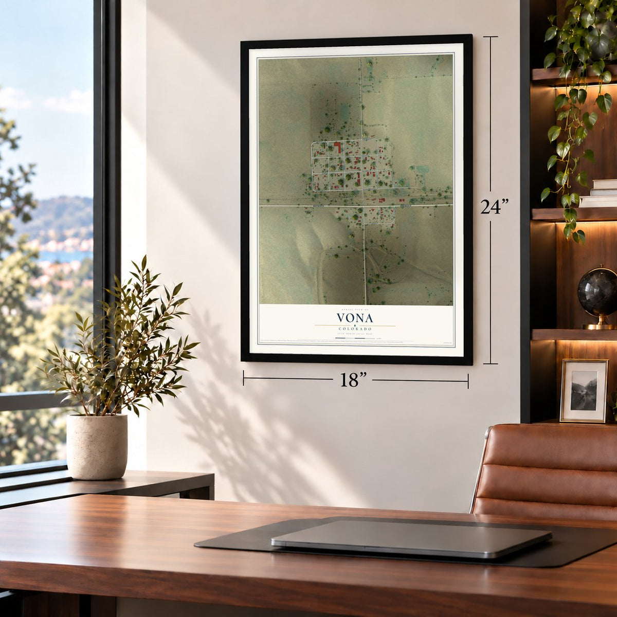 Vona, Colorado map, 18 x 24 inch print in a black frame in a home office