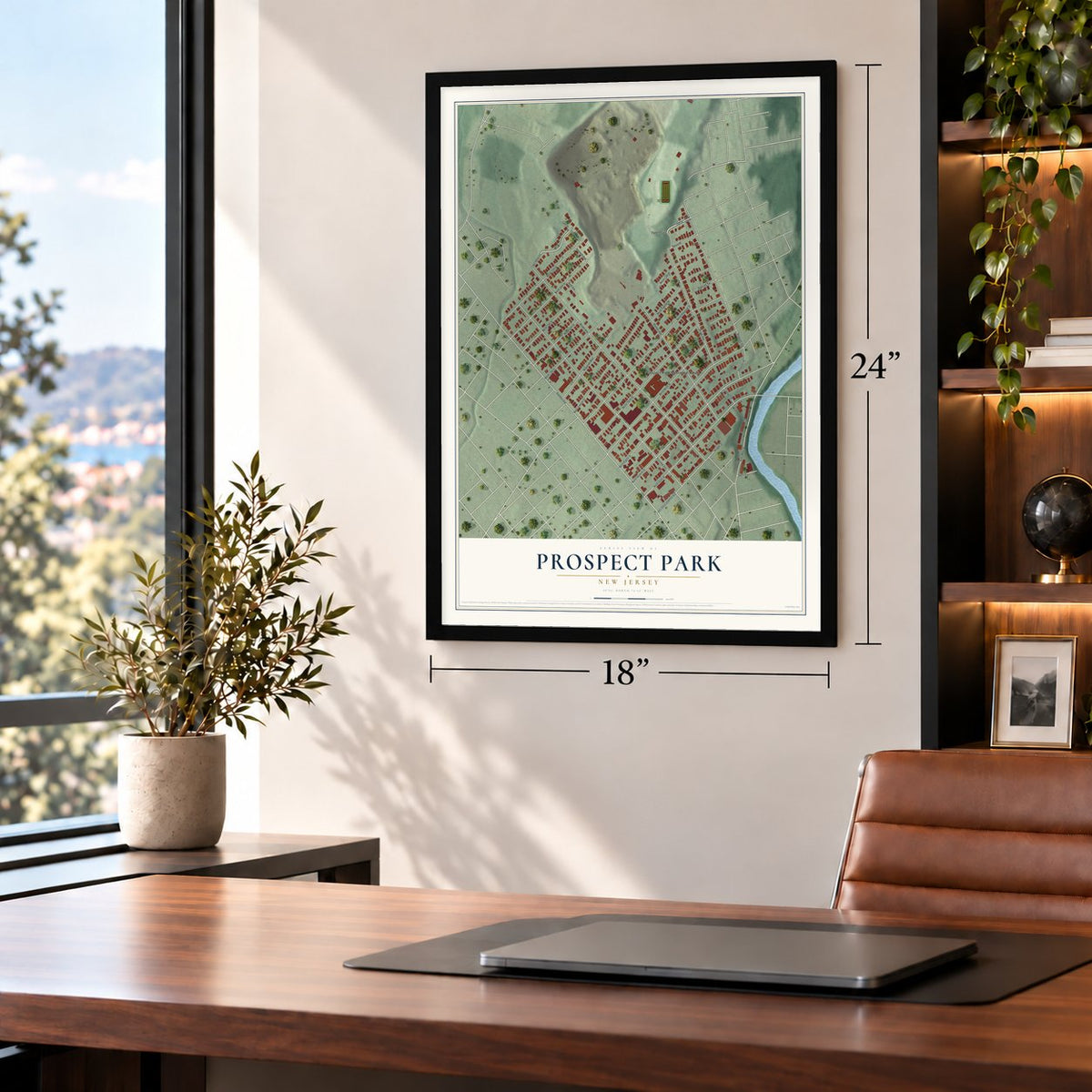 Prospect Park, New Jersey map, 18 x 24 inch print in a black frame in a home office