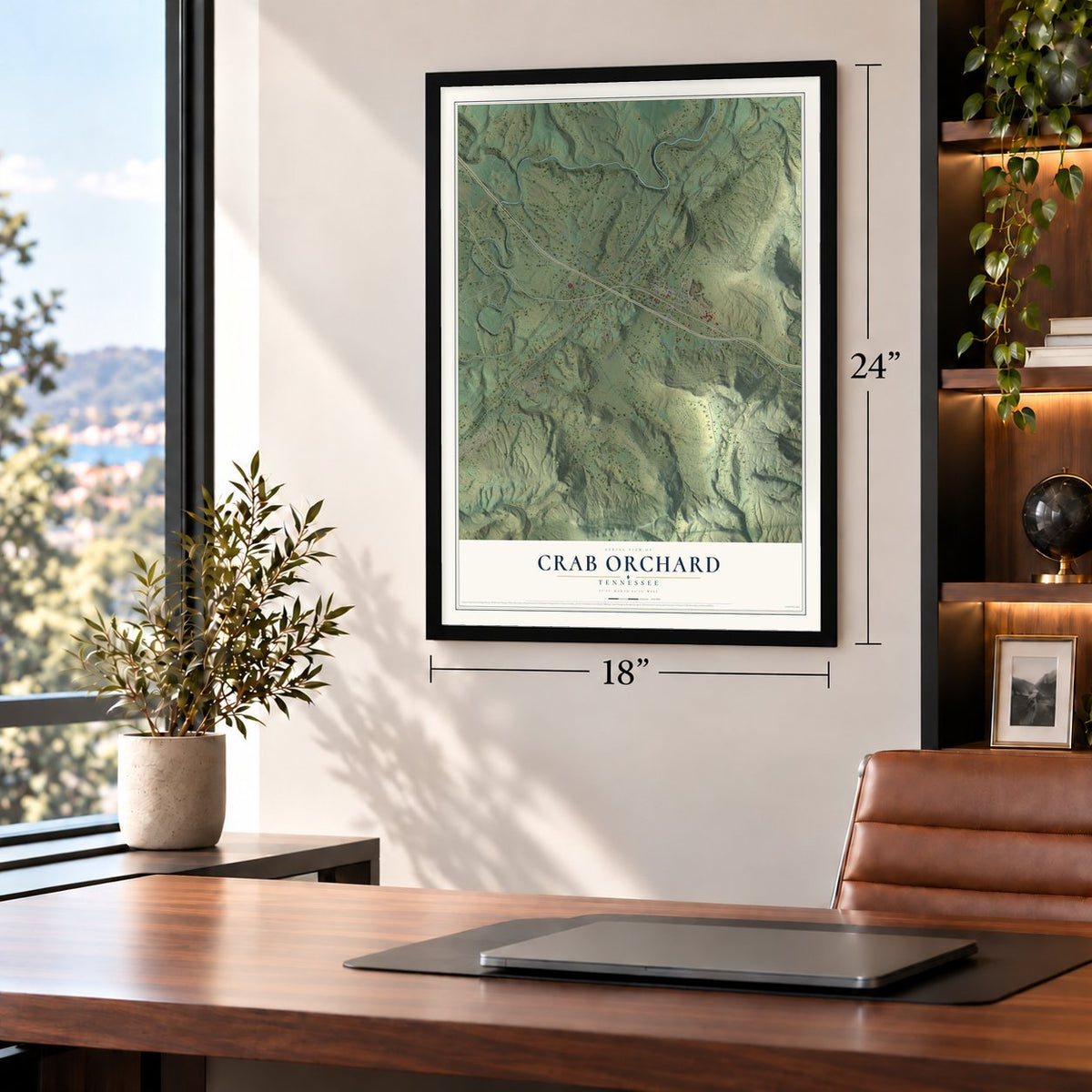Crab Orchard, Tennessee map, 18 x 24 inch print in a black frame in a home office