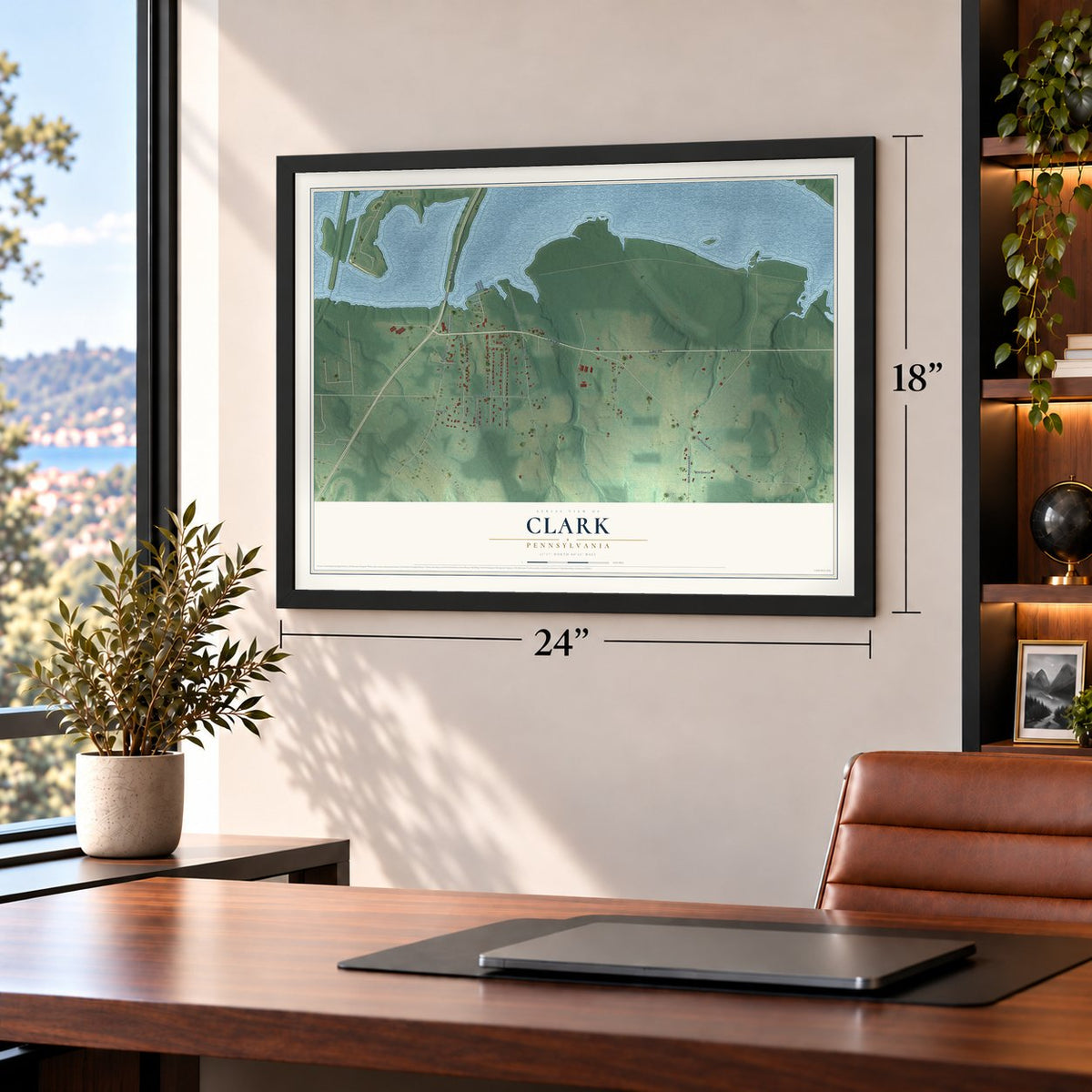 Clark, Pennsylvania map, 18 x 24 inch print in a black frame in a home office
