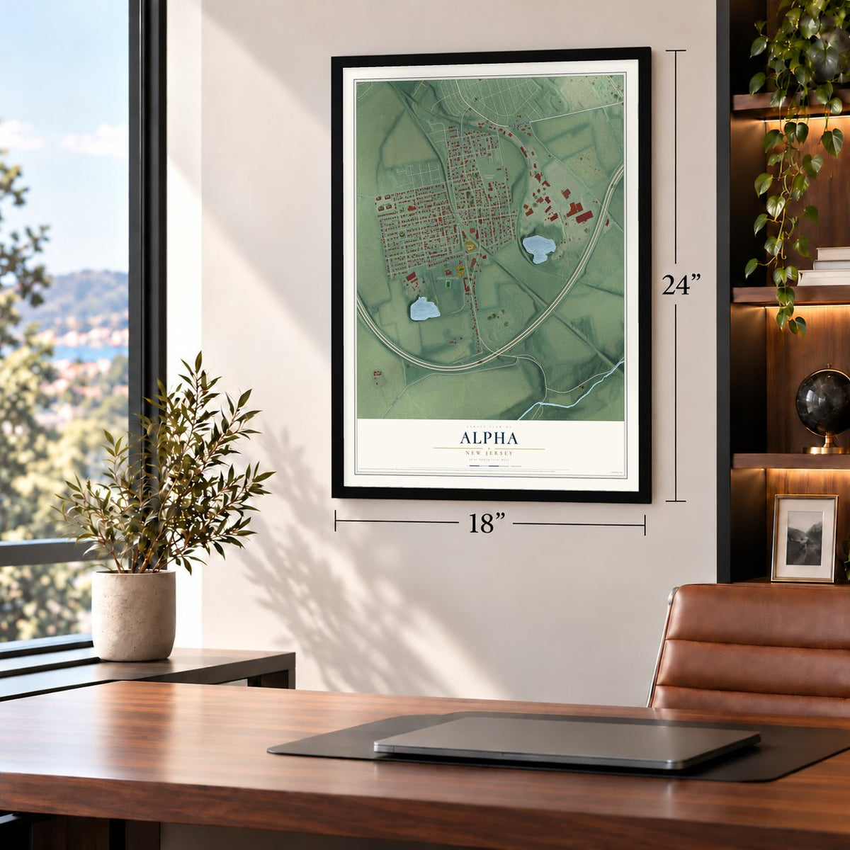 Alpha, New Jersey map, 18 x 24 inch print in a black frame in a home office