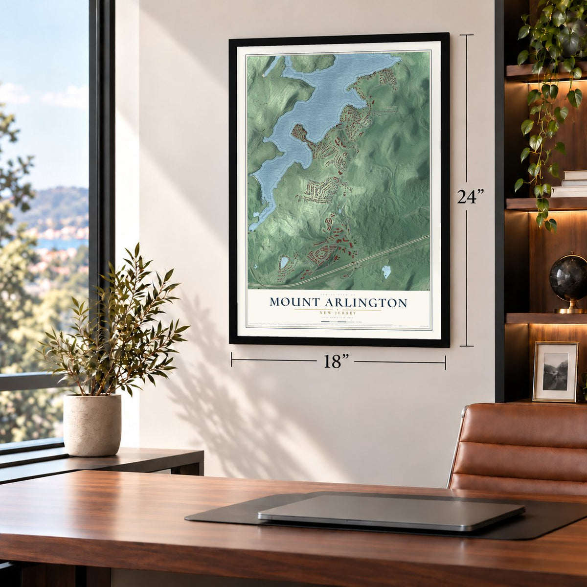 Mount Arlington, New Jersey map, 18 x 24 inch print in a black frame in a home office