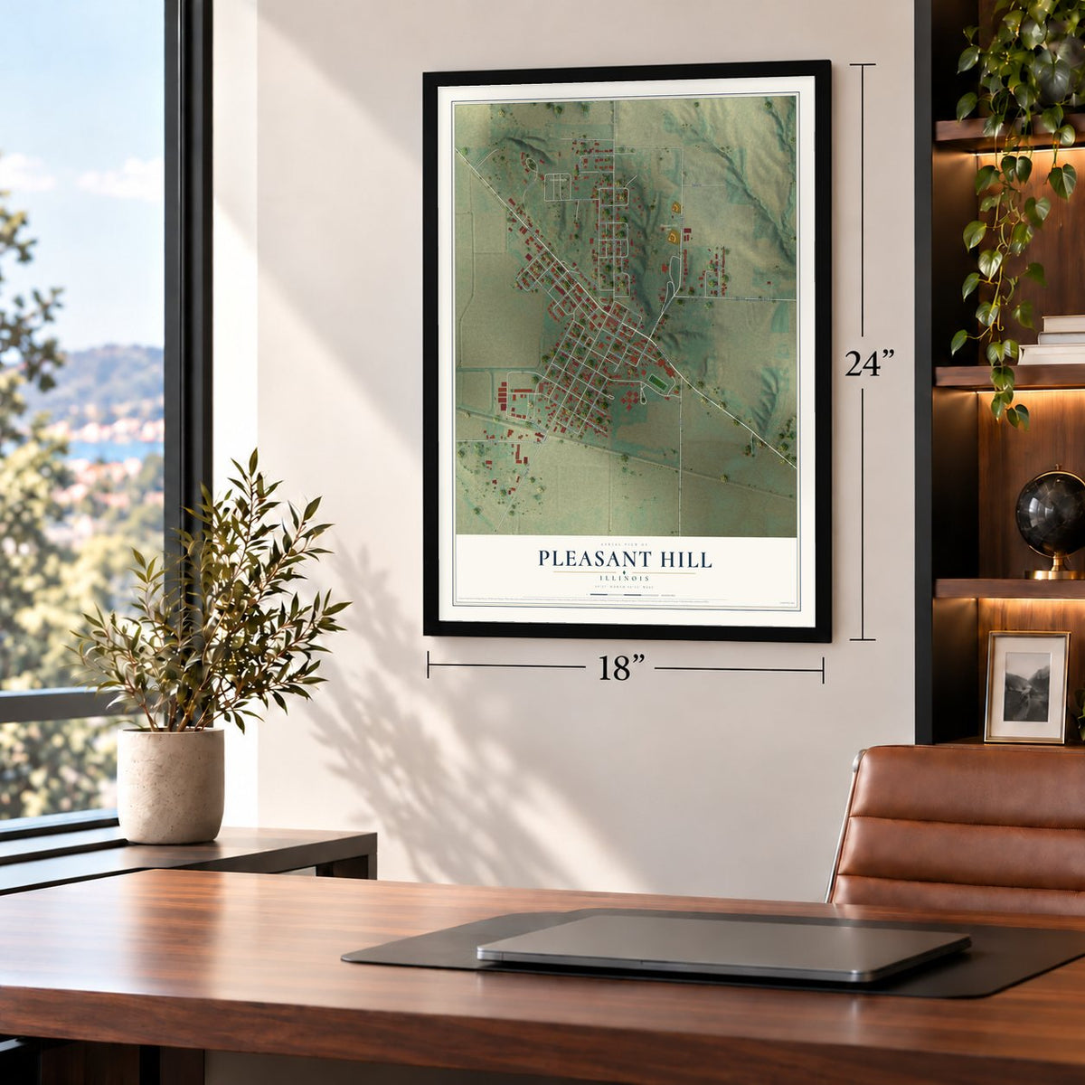 Pleasant Hill, Illinois map, 18 x 24 inch print in a black frame in a home office