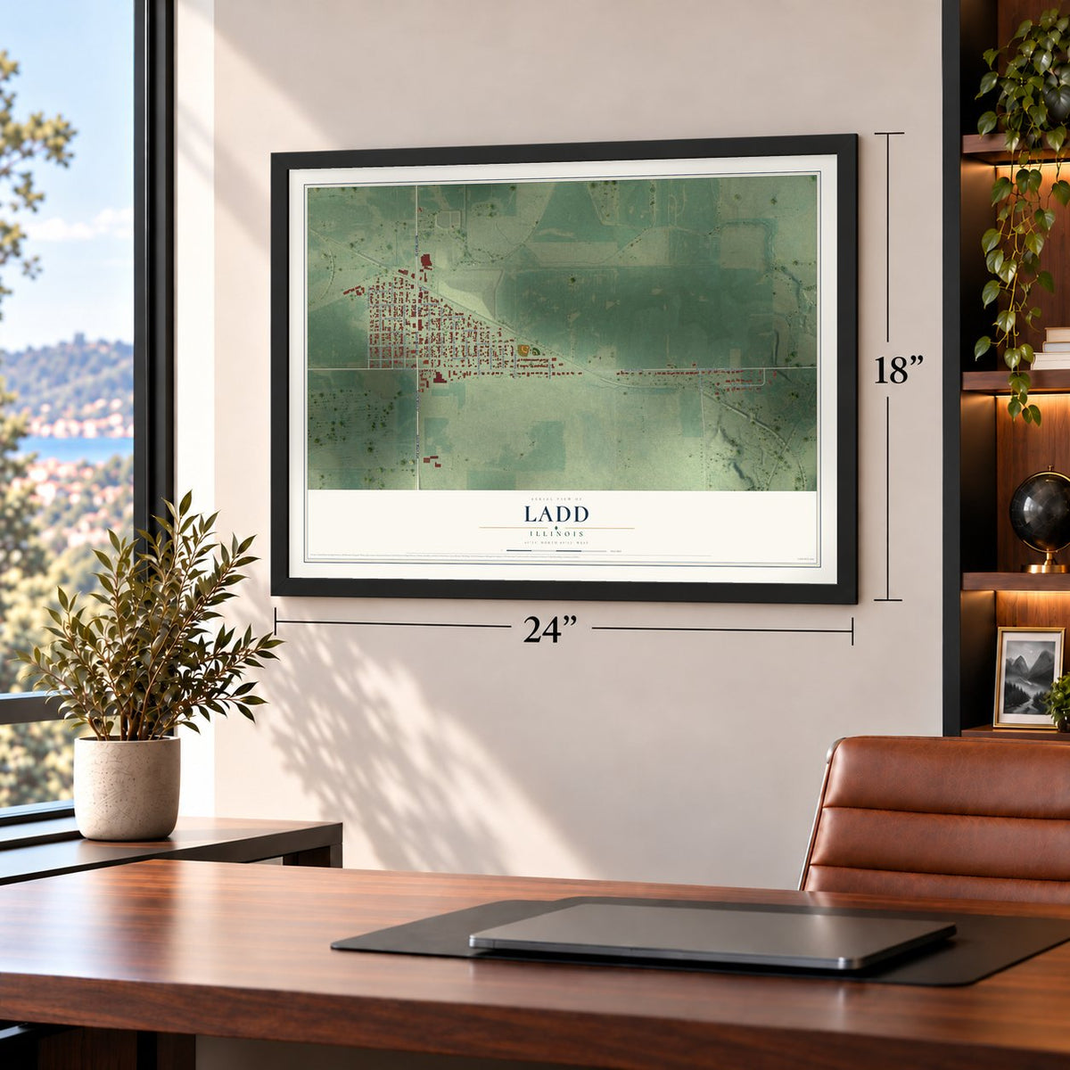 Ladd, Illinois map, 18 x 24 inch print in a black frame in a home office