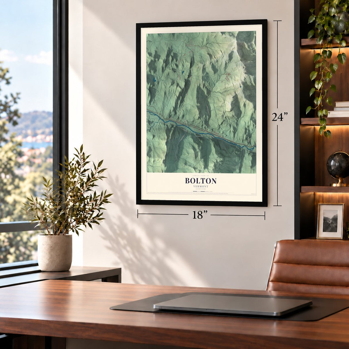 Bolton, Vermont map, 18 x 24 inch print in a black frame in a home office