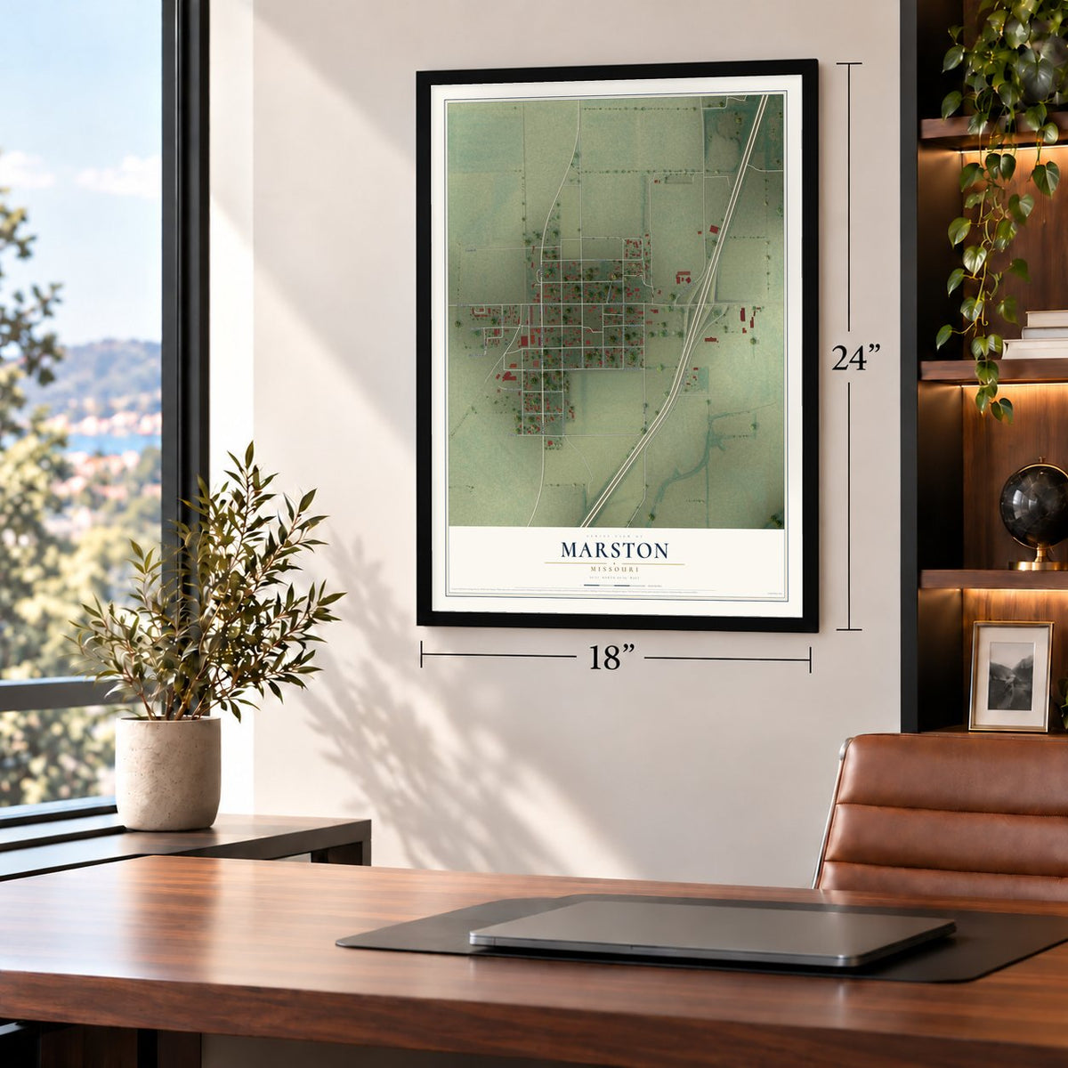 Marston, Missouri map, 18 x 24 inch print in a black frame in a home office