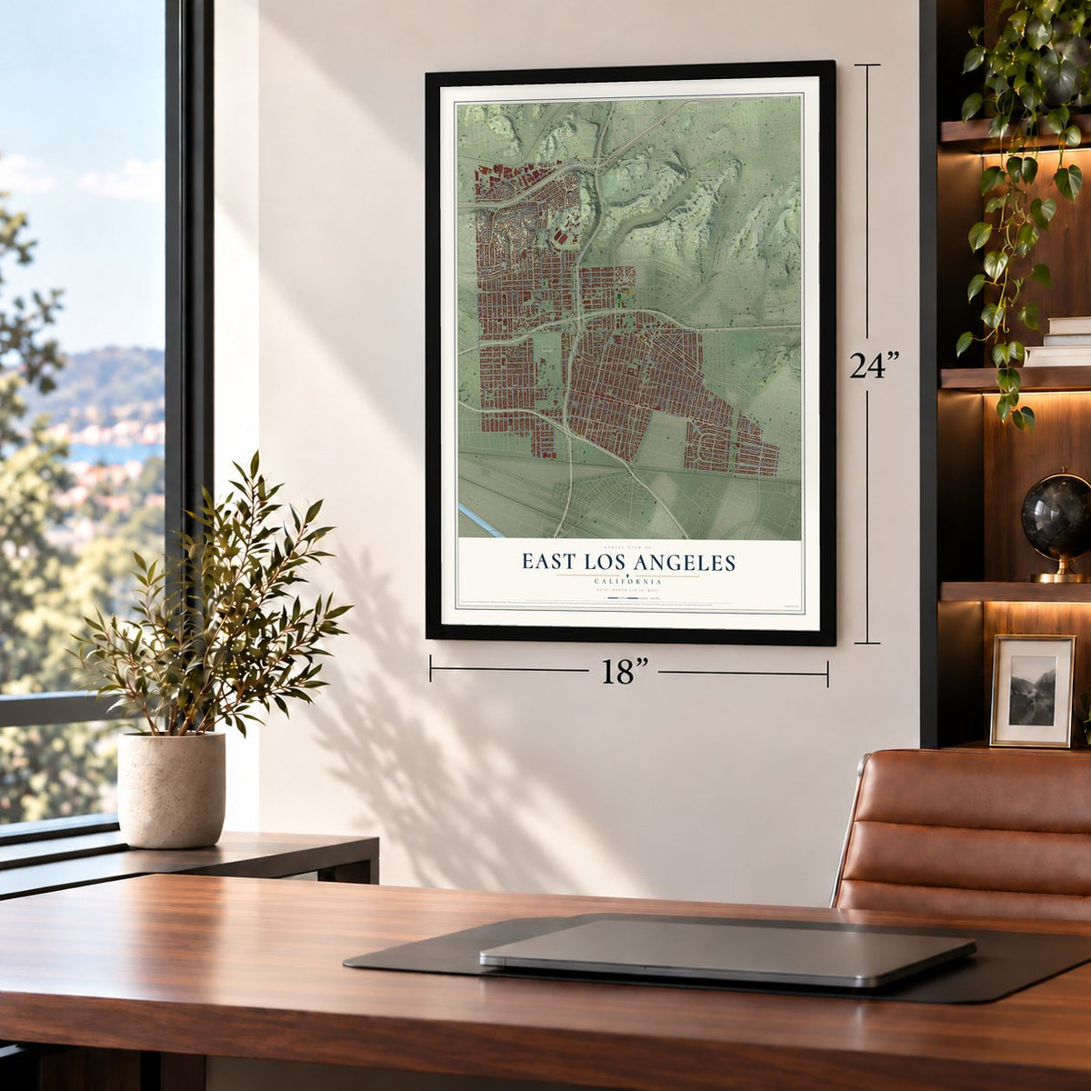 East Los Angeles, California map, 18 x 24 inch print in a black frame in a home office