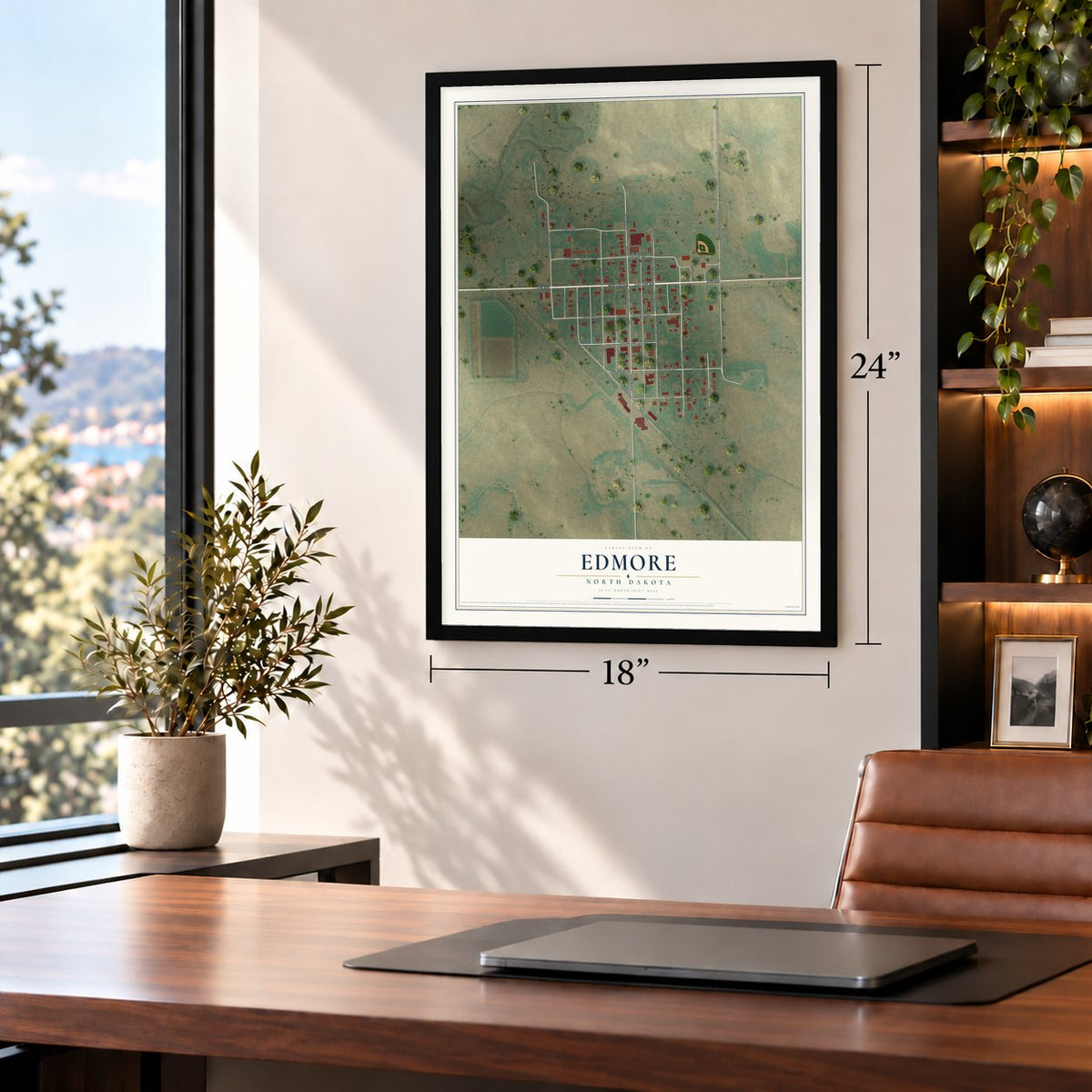 Edmore, North Dakota map, 18 x 24 inch print in a black frame in a home office