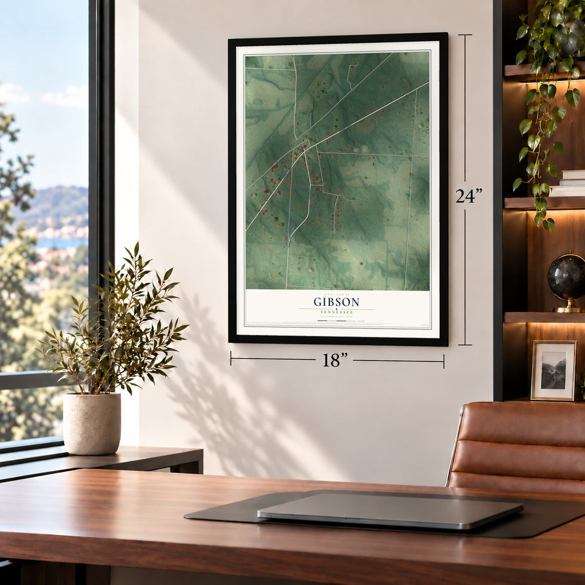 Gibson, Tennessee map, 18 x 24 inch print in a black frame in a home office