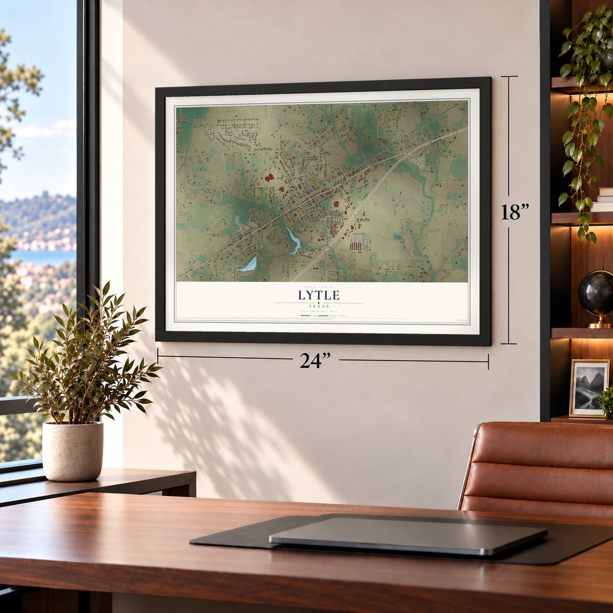 Lytle, Texas map, 18 x 24 inch print in a black frame in a home office