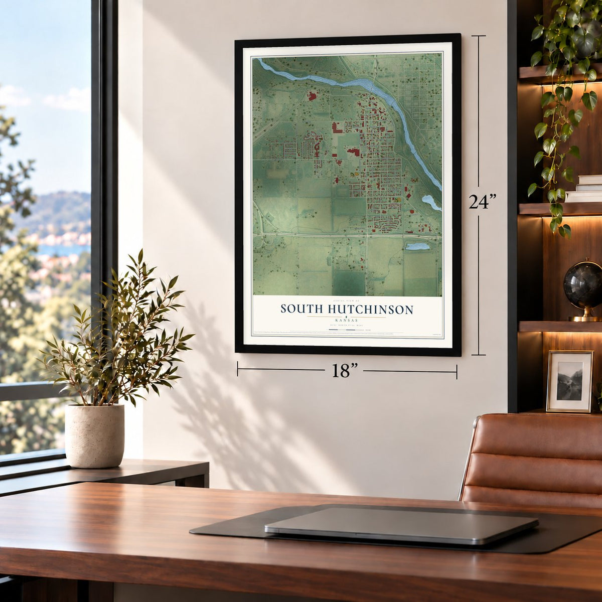 South Hutchinson, Kansas map, 18 x 24 inch print in a black frame in a home office