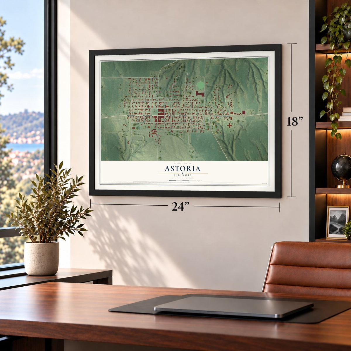 Astoria, Illinois map, 18 x 24 inch print in a black frame in a home office