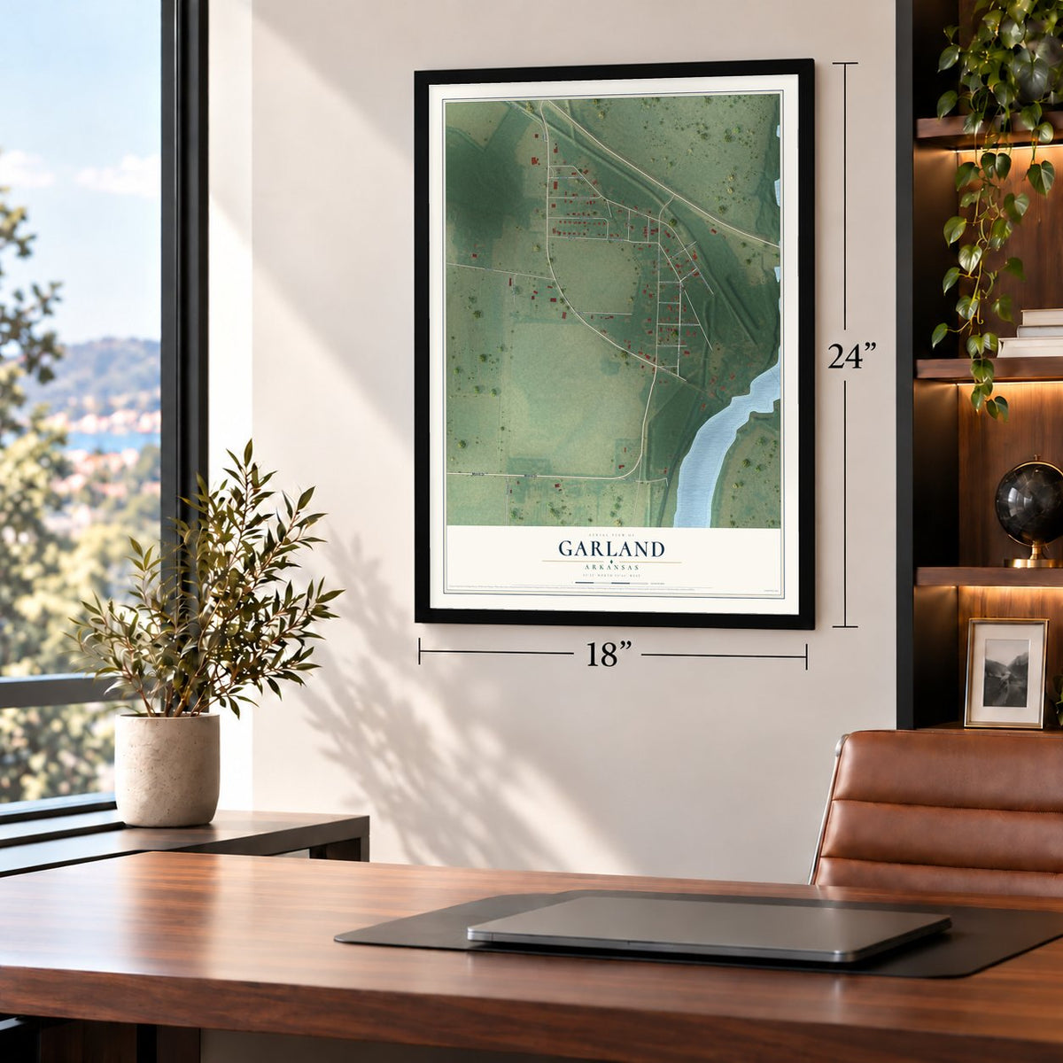 Garland, Arkansas map, 18 x 24 inch print in a black frame in a home office
