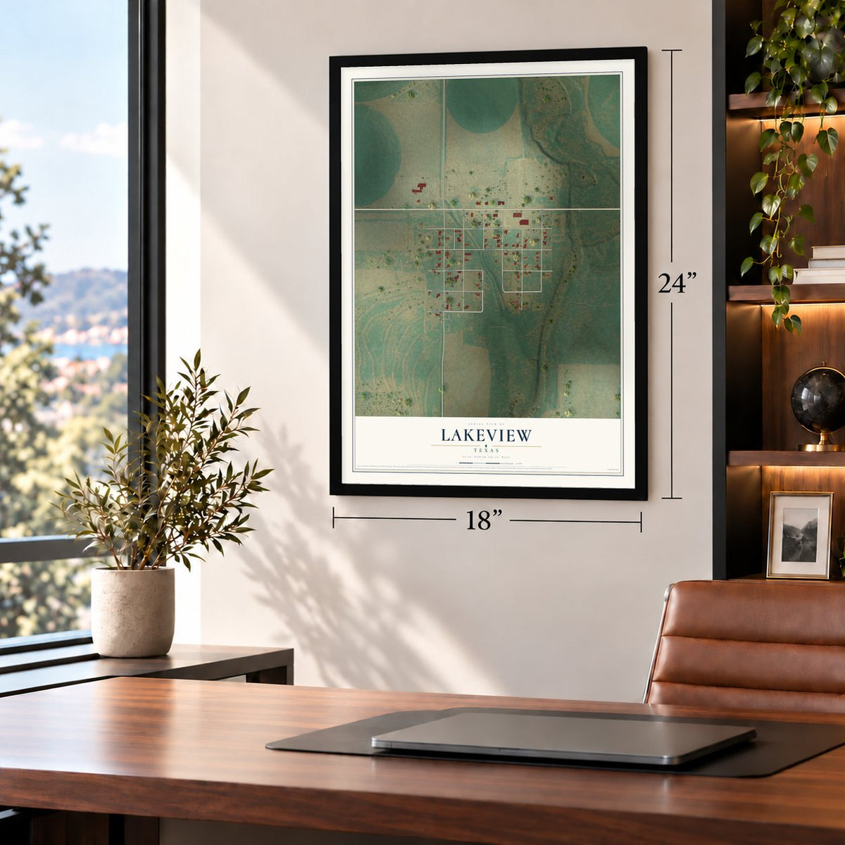 Lakeview, Texas map, 18 x 24 inch print in a black frame in a home office