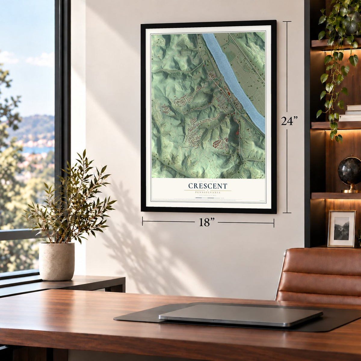 Crescent, Pennsylvania map, 18 x 24 inch print in a black frame in a home office
