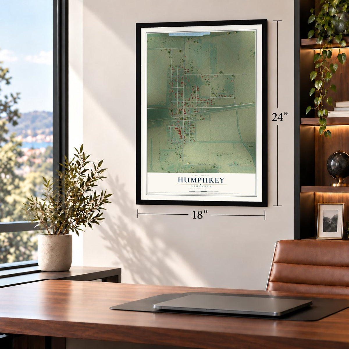 Humphrey, Arkansas map, 18 x 24 inch print in a black frame in a home office