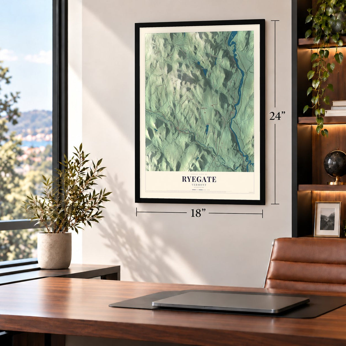 Ryegate, Vermont map, 18 x 24 inch print in a black frame in a home office