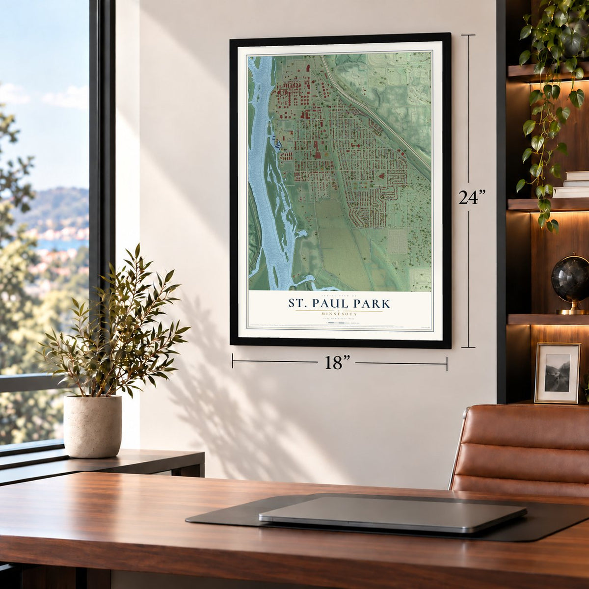 St. Paul Park, Minnesota map, 18 x 24 inch print in a black frame in a home office