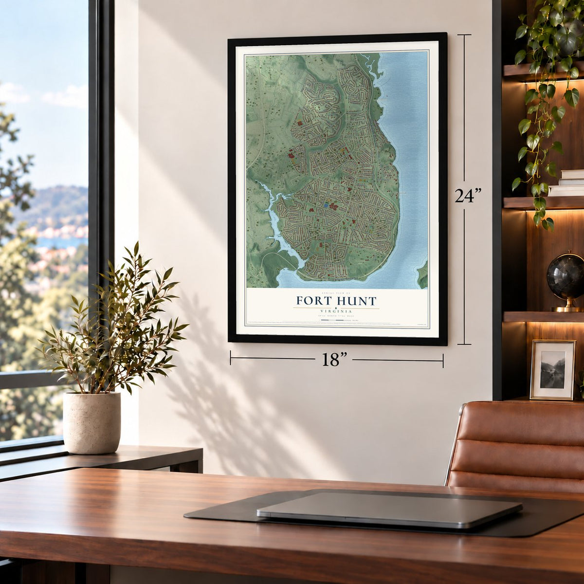 Fort Hunt, Virginia map, 18 x 24 inch print in a black frame in a home office
