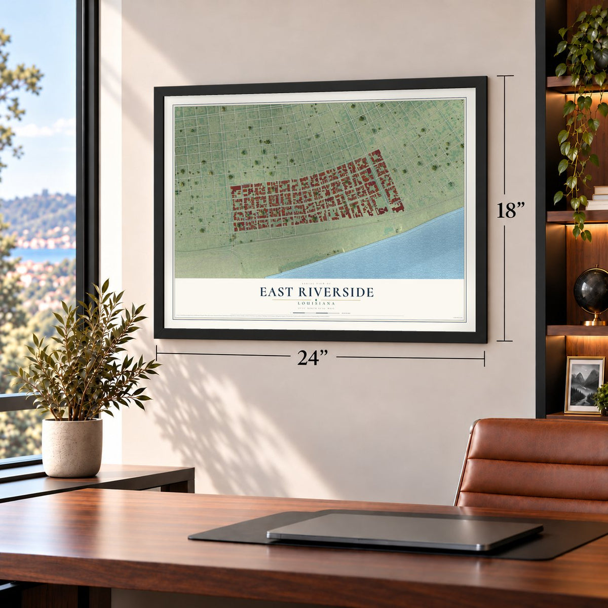 East Riverside, Louisiana map, 18 x 24 inch print in a black frame in a home office