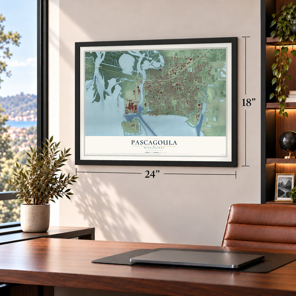 Pascagoula, Mississippi map, 18 x 24 inch print in a black frame in a home office