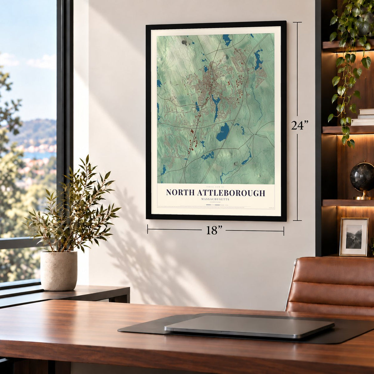 North Attleborough, Massachusetts map, 18 x 24 inch print in a black frame in a home office