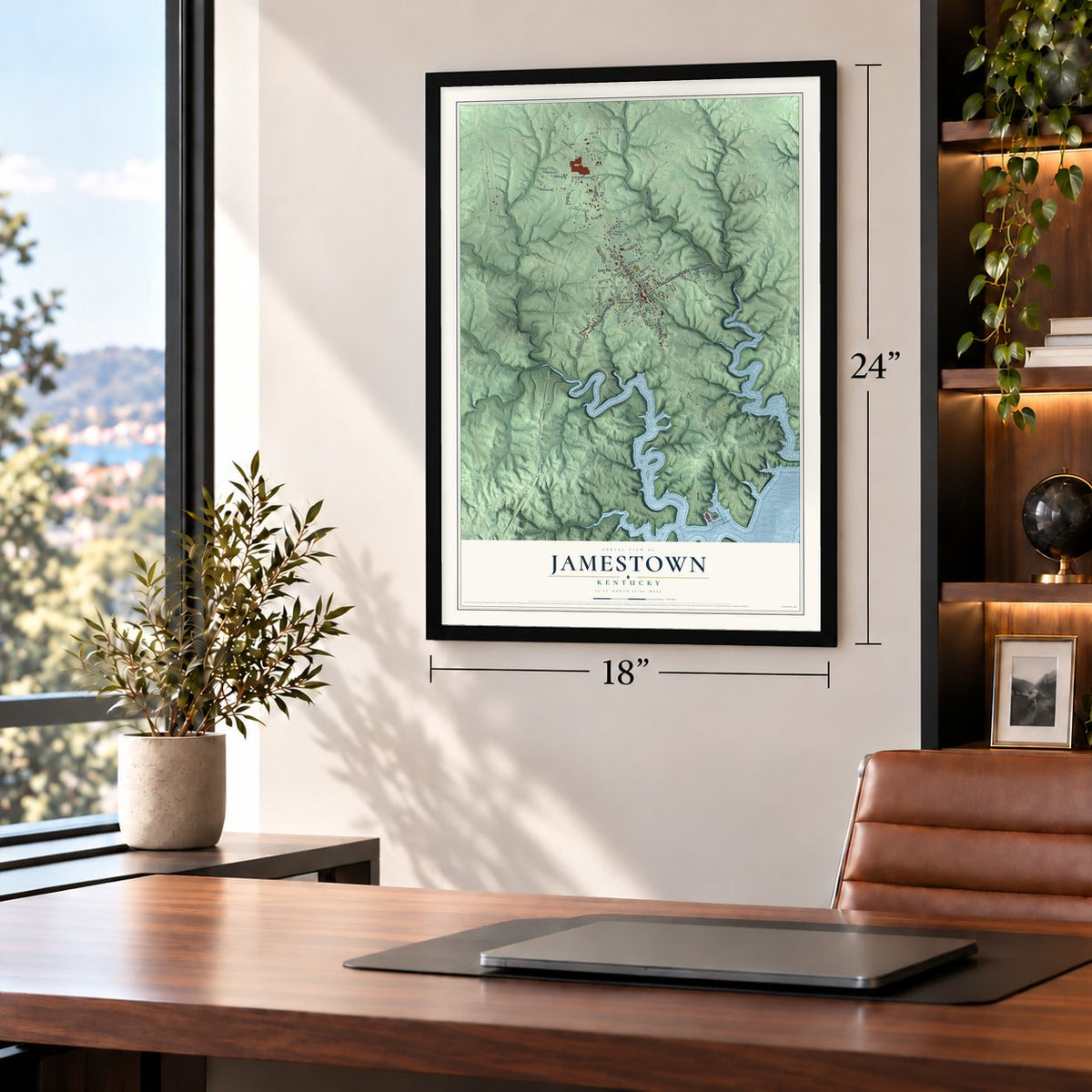 Jamestown, Kentucky map, 18 x 24 inch print in a black frame in a home office