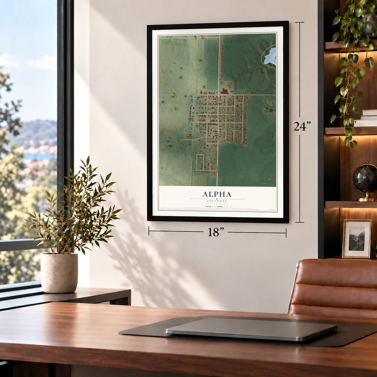 Alpha, Illinois map, 18 x 24 inch print in a black frame in a home office