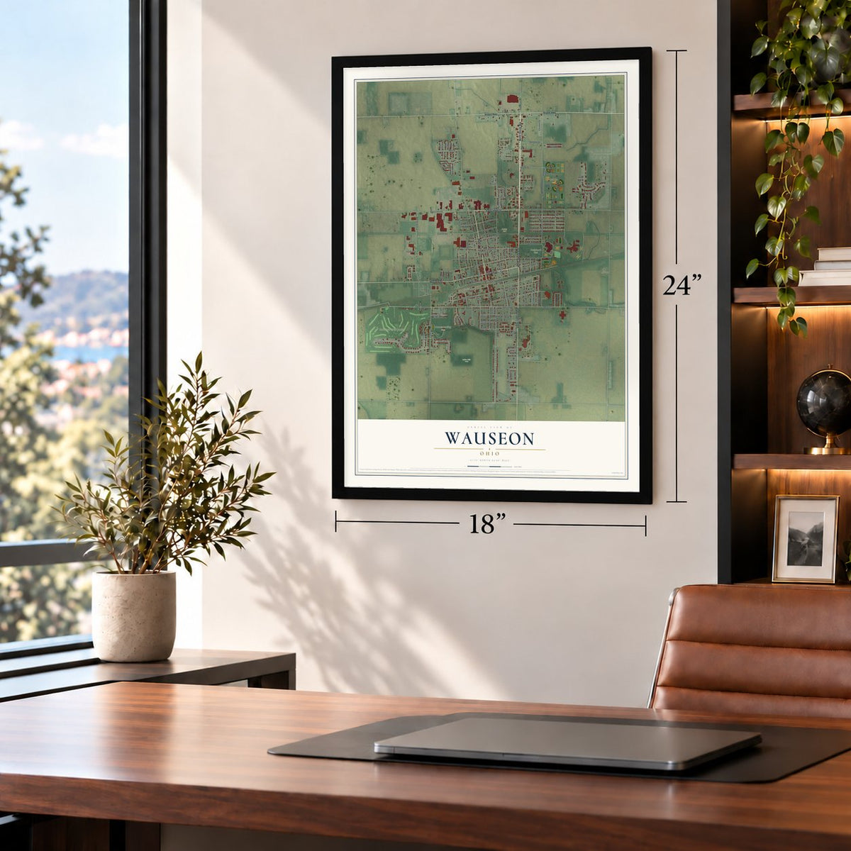 Wauseon, Ohio map, 18 x 24 inch print in a black frame in a home office