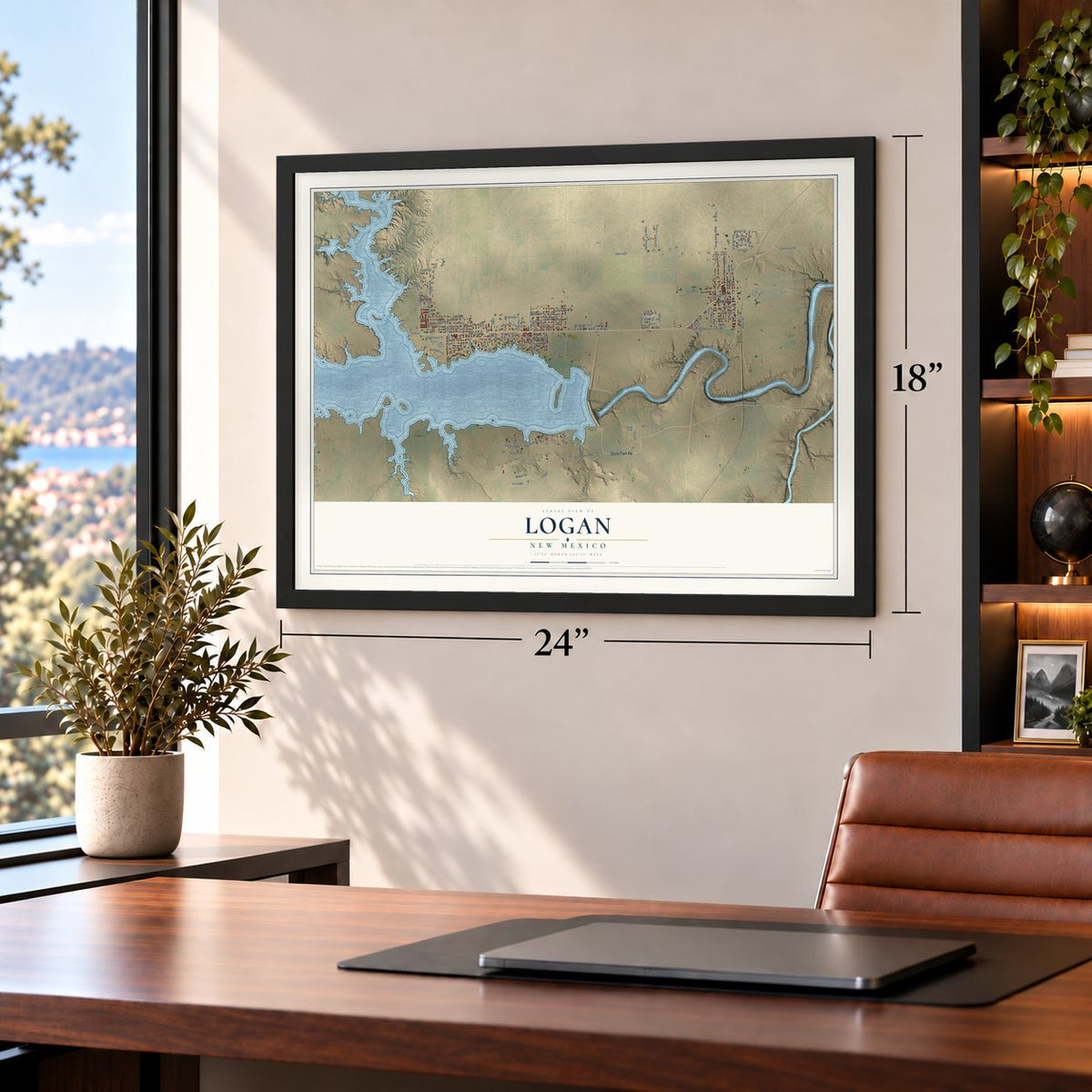 Logan, New Mexico map, 18 x 24 inch print in a black frame in a home office