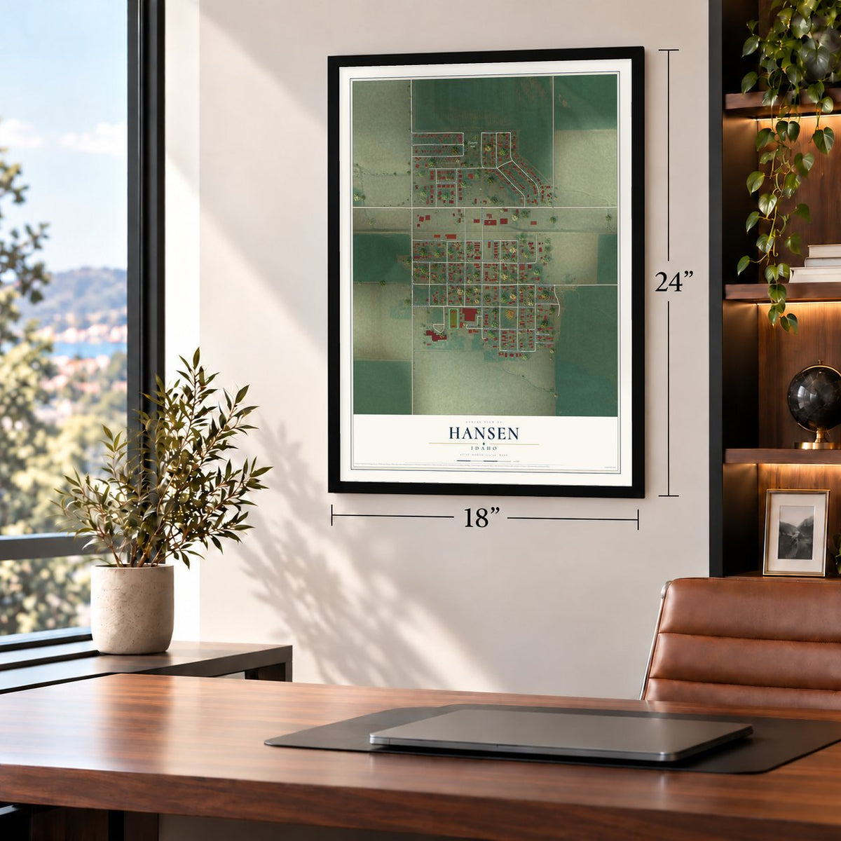 Hansen, Idaho map, 18 x 24 inch print in a black frame in a home office