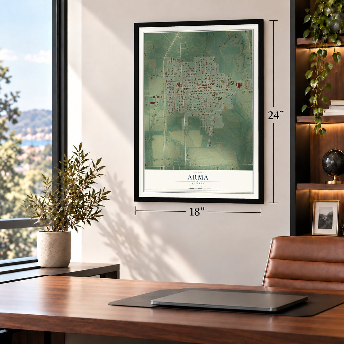 Arma, Kansas map, 18 x 24 inch print in a black frame in a home office