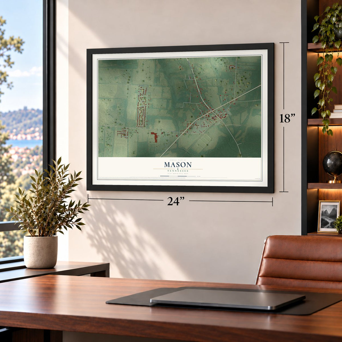 Mason, Tennessee map, 18 x 24 inch print in a black frame in a home office