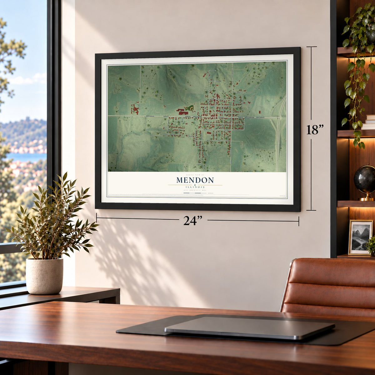 Mendon, Illinois map, 18 x 24 inch print in a black frame in a home office