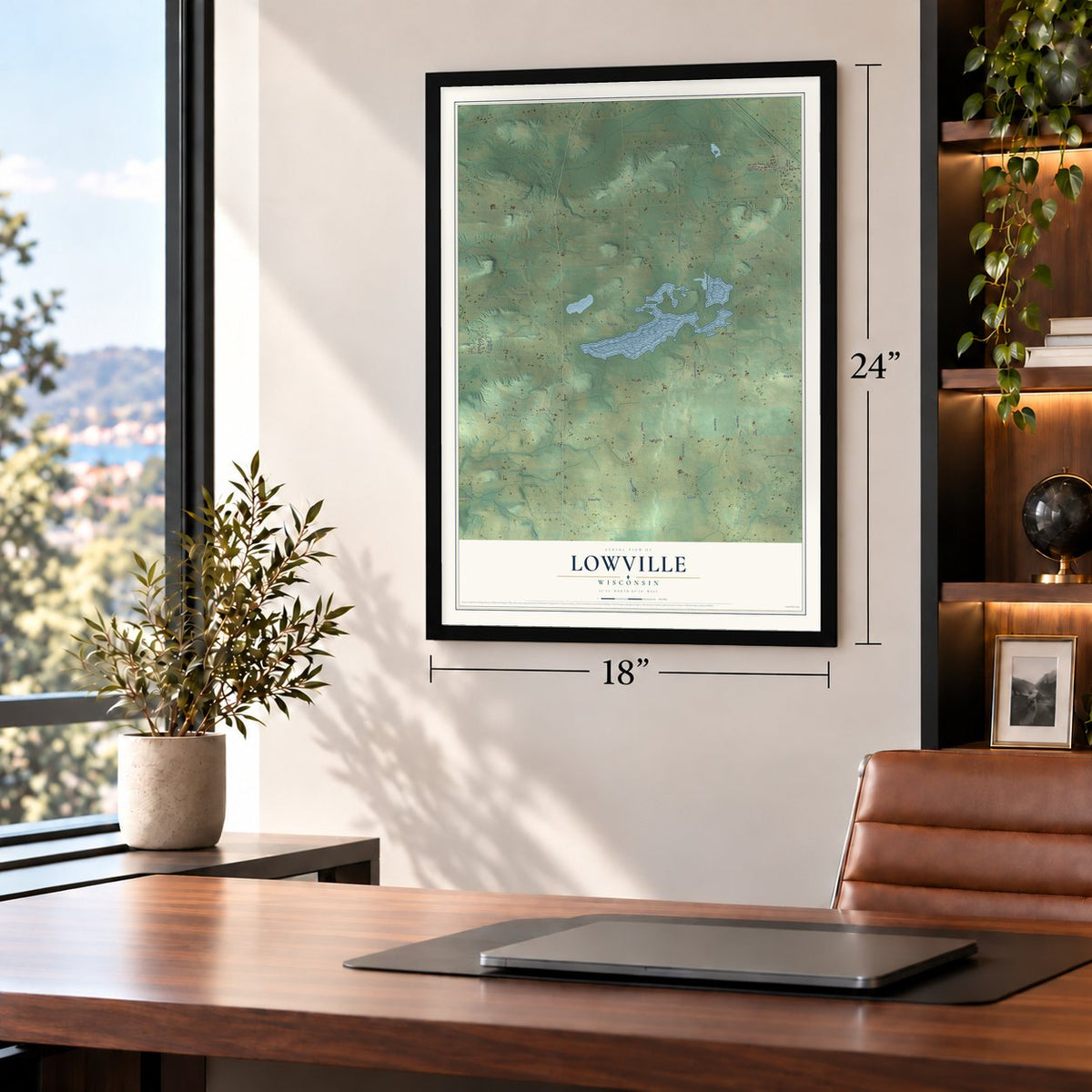 Lowville, Wisconsin map, 18 x 24 inch print in a black frame in a home office