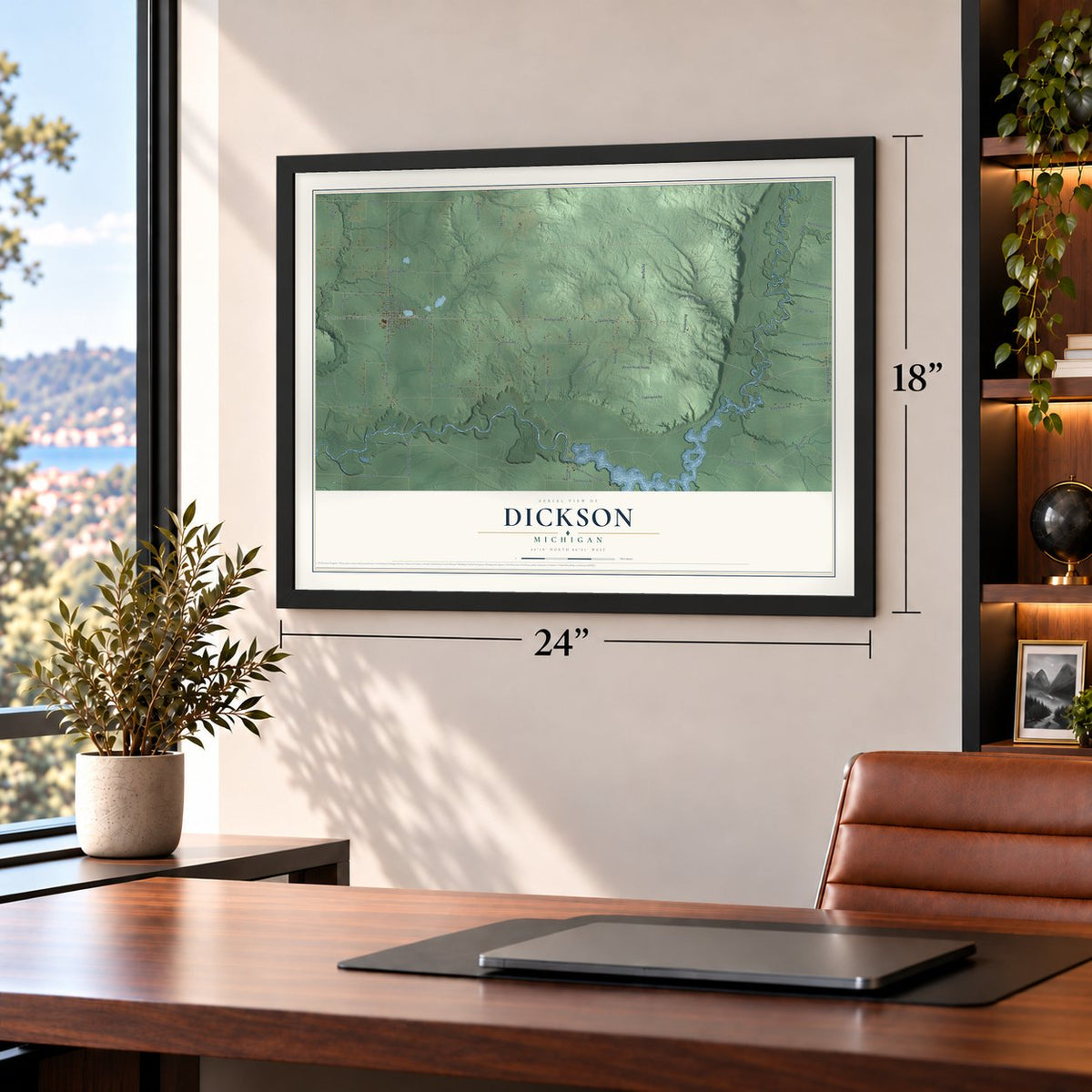Dickson, Michigan map, 18 x 24 inch print in a black frame in a home office