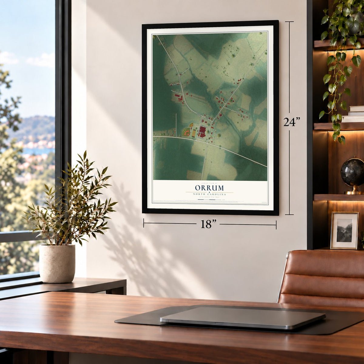 Orrum, North Carolina map, 18 x 24 inch print in a black frame in a home office