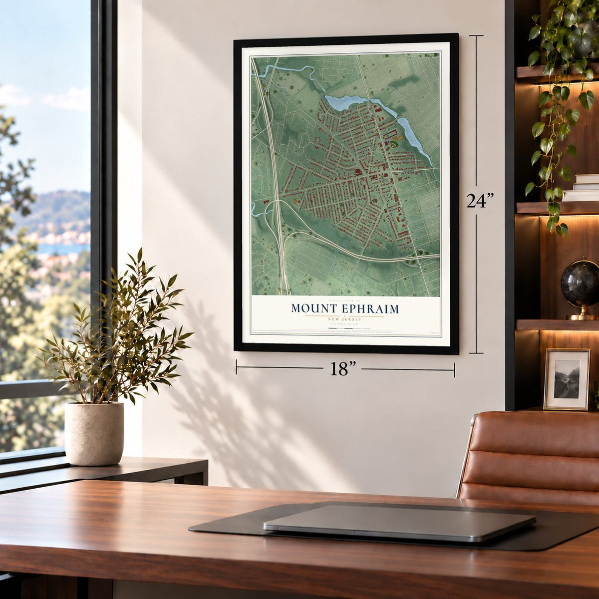 Mount Ephraim, New Jersey map, 18 x 24 inch print in a black frame in a home office
