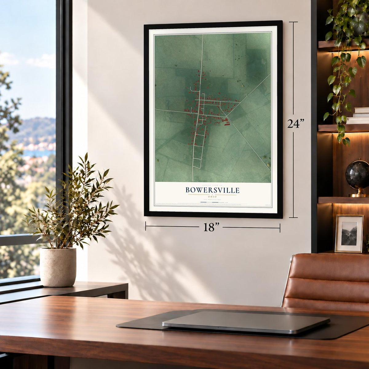 Bowersville, Ohio map, 18 x 24 inch print in a black frame in a home office