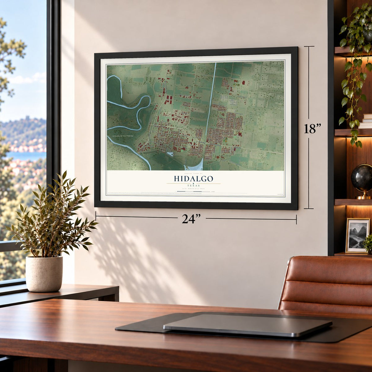 Hidalgo, Texas map, 18 x 24 inch print in a black frame in a home office