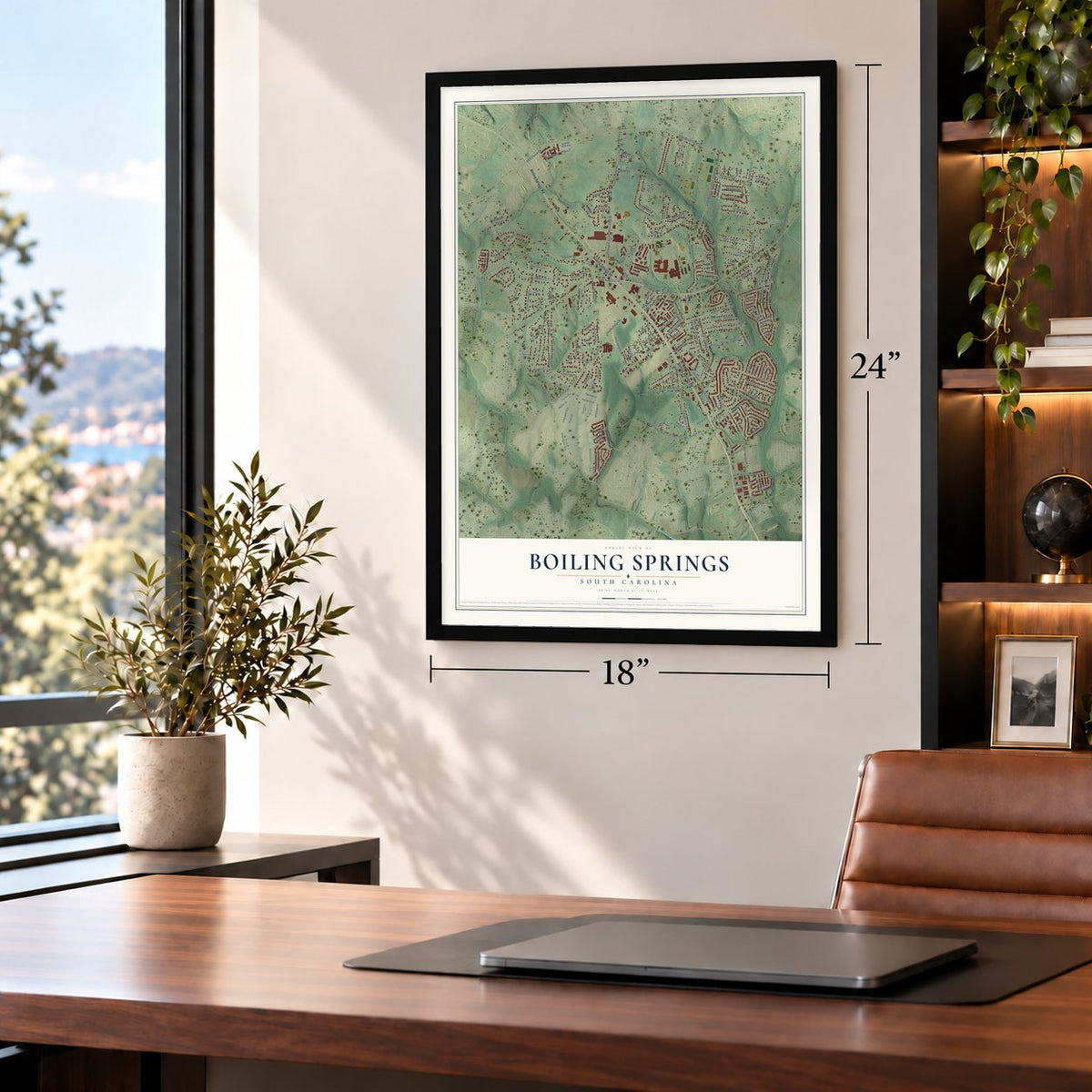 Boiling Springs, South Carolina map, 18 x 24 inch print in a black frame in a home office
