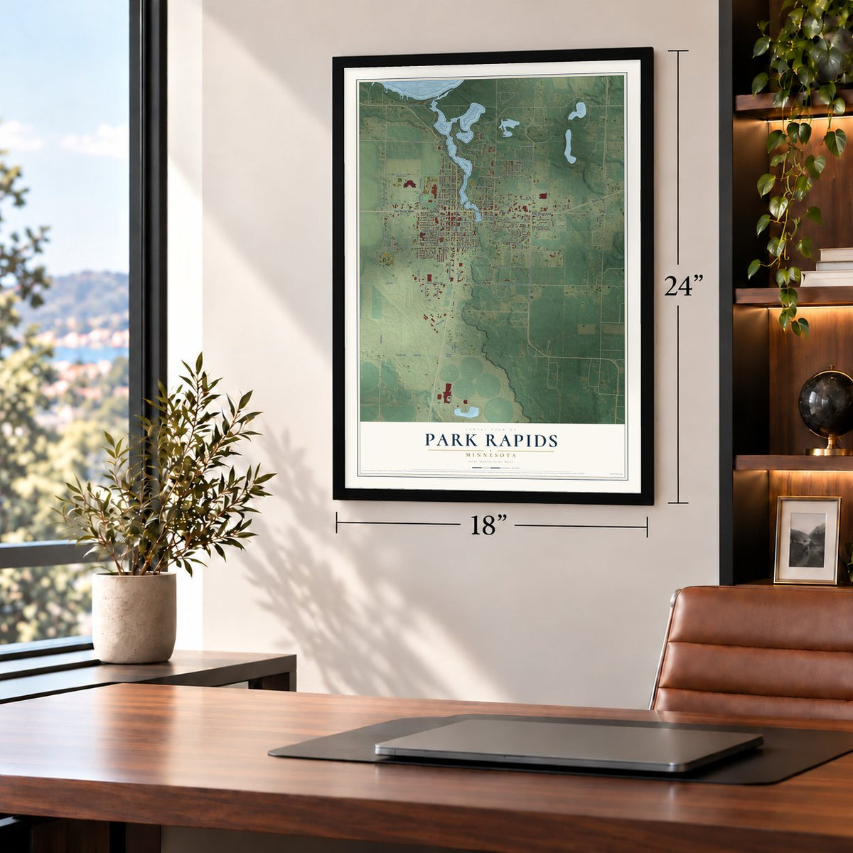 Park Rapids, Minnesota map, 18 x 24 inch print in a black frame in a home office