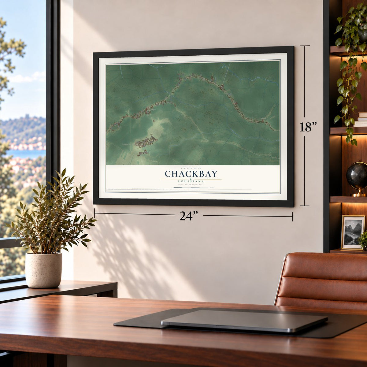 Chackbay, Louisiana map, 18 x 24 inch print in a black frame in a home office